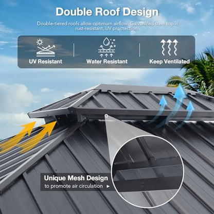 Patiorama 12’ x 16’ Hardtop Gazebo, Outdoor Wood Grain Frame Aluminum Gazebo with Galvanized Steel Double Vented Roof Canopy, W/Shaded Curtains and Netting, Pergola for Patio, Yard, Garden (G - WoodArtSupply