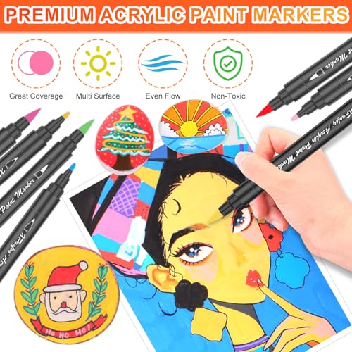 XPaoFey 38 Colors Acrylic Paint Pens, Dual Tip Acrylic Paint Markers with Fine Tip and Brush Tip, Acrylic Paint Pens for Rock Painting, Ceramic, Glass, Plastic, Wood, Calligraphy, Canvas, DIY - WoodArtSupply