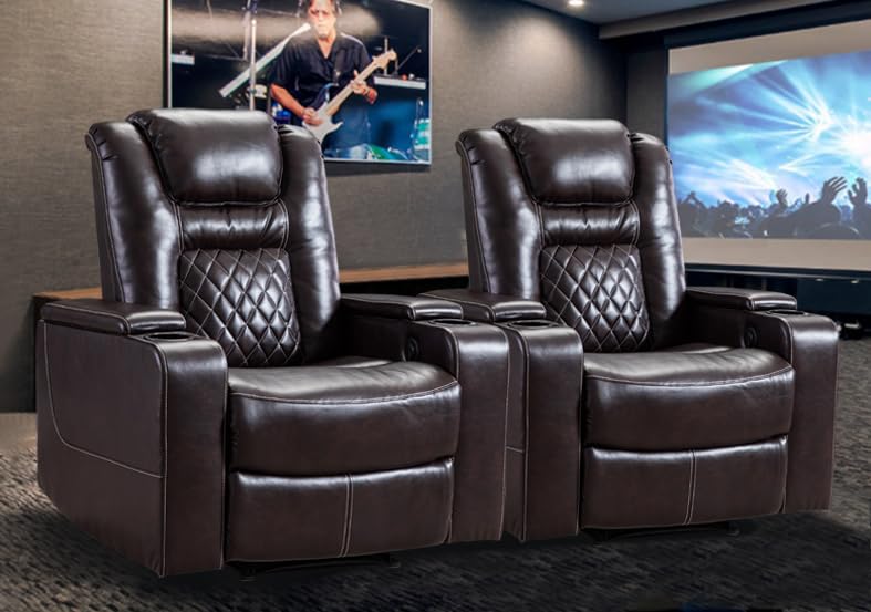 CANMOV Electric Power Recliner Chair Set of 2, Breathable Leather Home Theater Seating with Hidden Arm Storage, Power Recliner Chair for Living Room with USB Ports and Cup Holders,Brown CANMOV