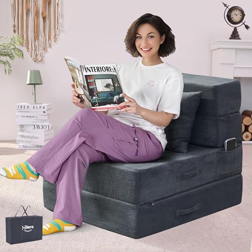 HILERO Folding Sofa Bed, 4 in 1 Convertible Sleeper Chair with Pillow, Single Memory Foam Fold Out Chair Bed, Modern Floor Futon Sofa Couch Mattress for Living Room/Guest/Apartment, Dark Grey HILERO