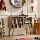 Lerliuo Record Player Stand with 4 Cabinet Holds Up to 220 Albums, Large Turntable Stand with Beech Wood Legs, Mid-Century Record Player Table Lerliuo