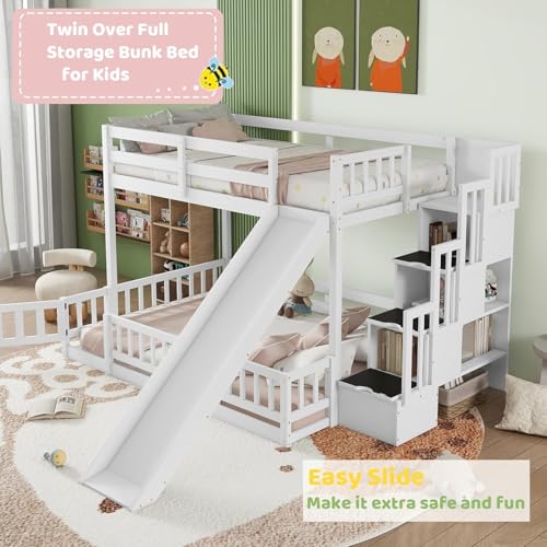 MoproBeti Twin Over Full Bunk Bed with Slide and Storage Stairs, Pine Wood Floor Kids Bunk Beds with Safety Fence Guardrails and Door for Girls Boys, White MoproBeti