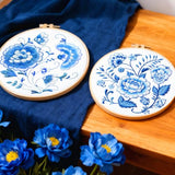 BEUNITONE 4 Set Embroidery Kit for Beginners, Blue Flower Cross Stitch Kits, Needlepoint Kits for Adults with Instructions and Full Kit, Classical Hand Embroidery Patterns for Cloth and Home Decor
