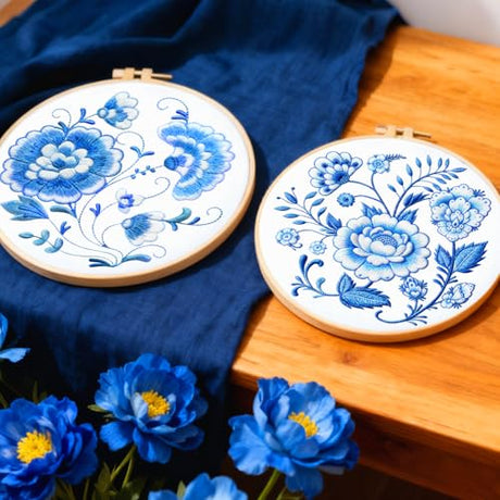 BEUNITONE 4 Set Embroidery Kit for Beginners, Blue Flower Cross Stitch Kits, Needlepoint Kits for Adults with Instructions and Full Kit, Classical Hand Embroidery Patterns for Cloth and Home Decor BEUNITONE
