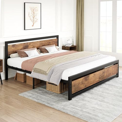 GAOMON Queen Size Bed Frame with Wood Headboard, Industrial Queen Platform Bed with Heavy Duty Slat Support, 14 inch Queen BedFrame Mattress Foundation No Box Spring Needed - Queen