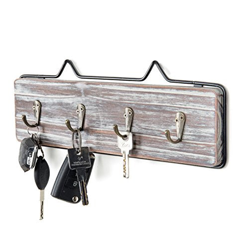 MyGift Wall Mounted Solid Torched Wood Key Holder Organizer Rack with Black Metal Frame and 4 Hooks, Entryway Storage Rack