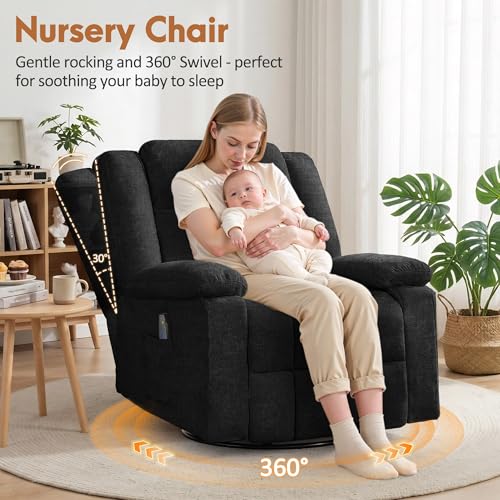 Korser Rocker Recliner Chair for Adults, 360° Swivel Rocker Recliner with Massage and Heating, Nursery Rocking Chairs with Side Pockets, Manual Reclining Chair for Living Room, Bedroom or Nursery