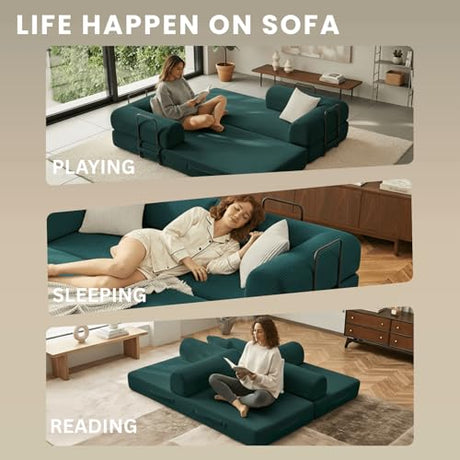 Alpen 77" Futon Sofa, Floor Foldable Sofa Couch Bed Queen with L-Shaped Armrests, Futon Bed with Mattress Included, Fold Out Comfy Lounge for Living Room Bedroom, Dark Green Alpen