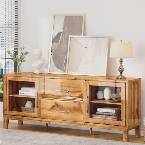 LUXOAK 63'' Modern Wood TV Stand for 70+ Inch TV, Mid Century High Gloss Entertainment Center with Glass Doors & Adjustable Shelf, Console Table with Storage Drawer for Living Room, Yellow Oak LUXOAK