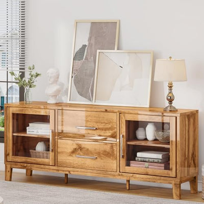 LUXOAK 63'' Modern Wood TV Stand for 70+ Inch TV, Mid Century High Gloss Entertainment Center with Glass Doors & Adjustable Shelf, Console Table with Storage Drawer for Living Room, Yellow Oak