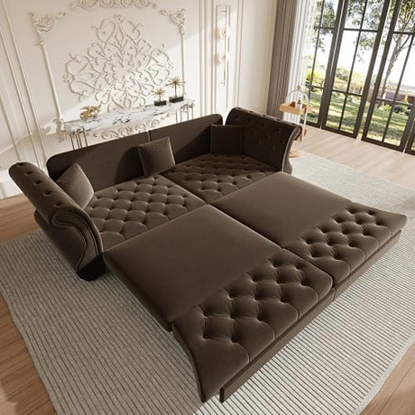 LuxyHoom 97.6'' Sleeper Sofa Bed King Size, Flower Tufted Pull Out Couch, Velvet Chesterfield Futon Couches, Modern 4 Seater Convertible Sofa, 3 Pillows for Living Room, Apartment, Offices, Brown LuxyHoom