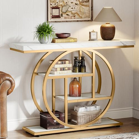 Tribesigns 41.3" Console Table, Industrial 4-Tier Sofa Entryway Table with Circle Base, Narrow Wood Accent Tables with Storage Shelves for Living Room, Hallway, Foyer, White Gold Tribesigns