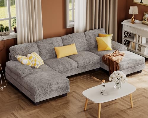 Furmax Sectional Couches for Living Room, U-Shaped Sofa Couch with Linen Fabric, 4 Seat Sofa Set with Double Chaise for Apartment (Fabric, Grey) - WoodArtSupply