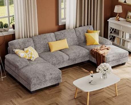 Furmax Sectional Couches for Living Room, U-Shaped Sofa Couch with Linen Fabric, 4 Seat Sofa Set with Double Chaise for Apartment (Fabric, Grey) Furmax