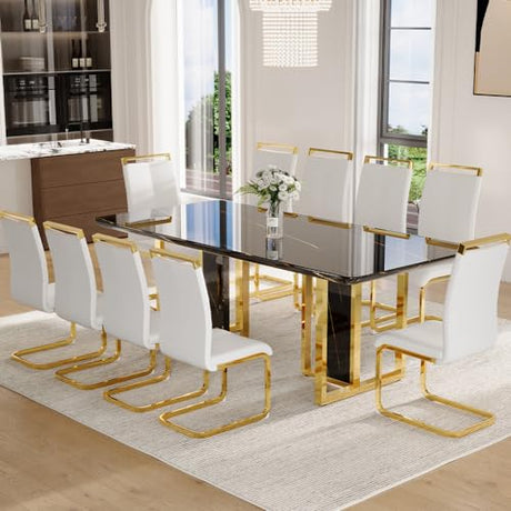 MEMUY 79" Black Modern Dining Table Set for 10,MDF Board Wood Table Top with Golden Metal Legs,Glossy Black Kitchen Room Table Set for 10-12 Person,Dining Room Table with 10 White Golden Chairs MEMUY