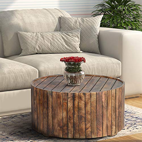 The Urban Port 34-Inch Handmade Wooden Round Coffee Table with Plank Design, Burned Brown TUP THE URBAN PORT