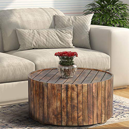 The Urban Port 34-Inch Handmade Wooden Round Coffee Table with Plank Design, Burned Brown - WoodArtSupply