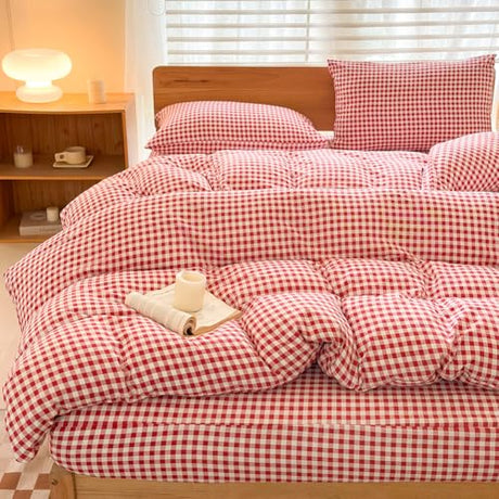 NSNLGSGC Red Gingham Duvet Cover Set Queen, Grid Simple Geometric Square Pattern Comforter Cover,Soft Plaid Washed Microfiber Bedding Cover(3PCS,Queen) NSNLGSGC