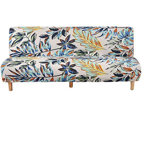 WOMACO Printed Futon Cover Stretch Sofa Bed Slipcovers Full Twin Queen Size Armless Couch Loveseat Protector Covers with Elastic Bottom for Living Room Bedroom Furniture (Rain Leaves, 63"-75") WOMACO