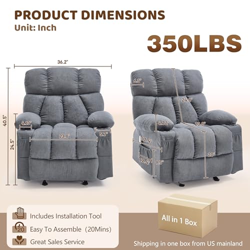 Massage Rocking Recliner Chair, Ergonomic Recliners Sofa with Vibration Massage & Heat, Rocking Chair Nursery Chair for Living Room Lounge with 4 Pockets, 2 Cup Holders, USB Charge Port, Grey