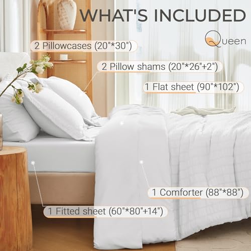 MUXHOMO 7 Pieces Queen Comforter Set, Seersucker Bed in a Bag Queen Size, All Season Luxury Bedding Set with Comforter, Flat Sheet, Fitted Sheet, Pillowcases & Shams, White MUXHOMO