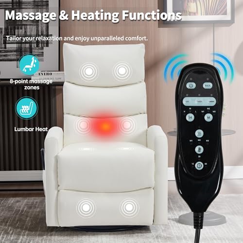 PELUMY 360° Swivel Rocker Recliner with Heat & Vibration Massage, Glider Rocking Chair for Adults, Compact Recliner for Living Room, Small Spaces, Nursery, Bedroom (Breathable Leather, White)