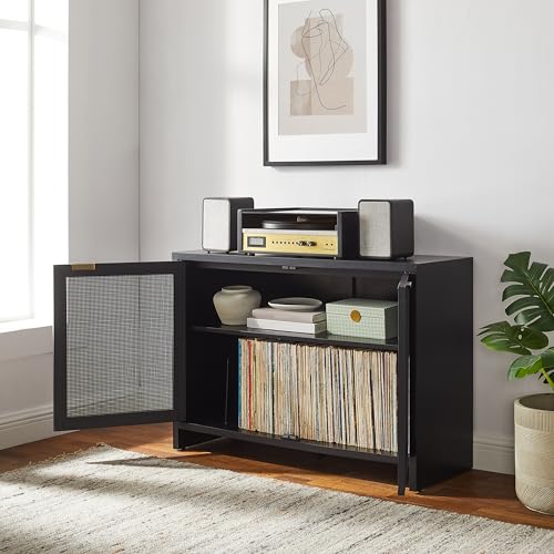 Crosley Furniture Kenji Media Console, Record Player Stand with Vinyl Storage, Modern Home Organizer, Black Crosley Furniture