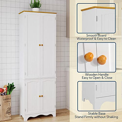 Yusong 72'' Tall Kitchen Pantry Cabinet, Freestanding Storage Cabinet with Doors and Shelves, Wooden Food Pantry Farmhouse Cupboard Buffet for Kitchen Dining Living Room, White Honey - WoodArtSupply