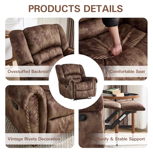 CANMOV Manual Recliner Chair, Classic and Traditional Fabric Recliner Chair with Comfortable Arms and Back Single Sofa for Living Room, Chocolate Brown