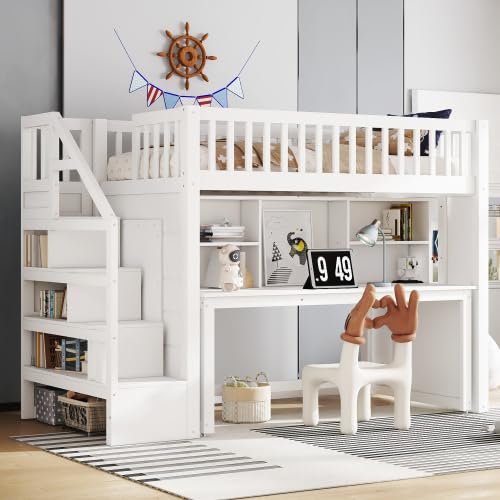 Bellemave Twin Size Low Loft Bed with Movable Desk & Storage Shelves, Kids Twin Loft Bed Frame with Storage Stairs & Hanger, White Bellemave