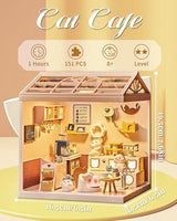 Kisoy DIY Miniature House Kit, Tiny House Building Kit with Furniture and LED Light for Teens and Beginners, DIY Mini House Craft Kit, Christmas Decorations/Gifts for Family and Friends (Cat Cafe)