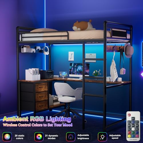 KSOBEBVT Twin Loft Bed with Desk, Gaming Bunk Bed with Stairs, Metal Loft Bed Heavy Duty Loft Beds for Adults, 3 Fabric Drawers, LED Lights & Charging Sation, No Noise & No Box Spring Needed, Black KSOBEBVT