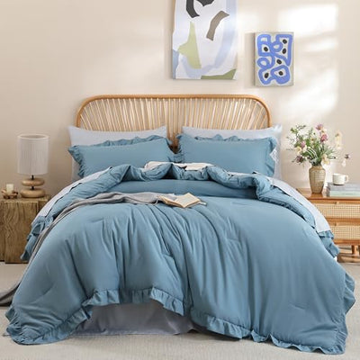 JANZAA Twin Comforter Set Mineral Blue Ruffle Comforter with 1 Pillowcase Soft Twin Size Bed Set Vintage Farmhouse Bed Comforter Set Fluffy Shabby Chic Bedding for All Season
