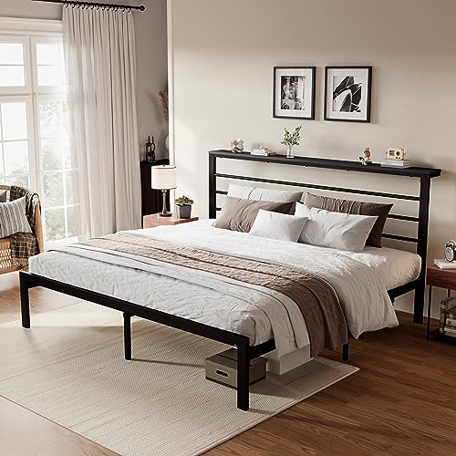 SHA CERLIN King Size Bed Frame with Headboard Shelf and Strong Metal Foundation, No Box Spring Needed, Black SHA CERLIN