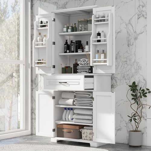 Merax Tall Storage Cabinet with Doors and Drawer, Pantry Cupboard with Rack Organizers Wide Display Shelf for Bathroom or Kitchen, White - WoodArtSupply