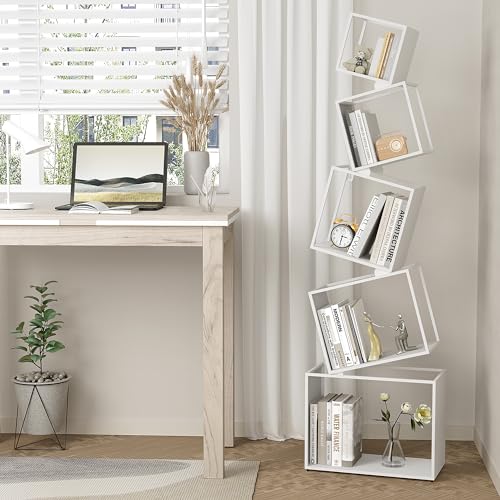 Vonkinka Geometric Book Shelf 5 Tier, White Metal Bookshelf 67 Inch, Mordern Narrow Bookcase, Skinny Corner Bookshelves for Bedroom, Living Room, Office, Home Decor Vonkinka