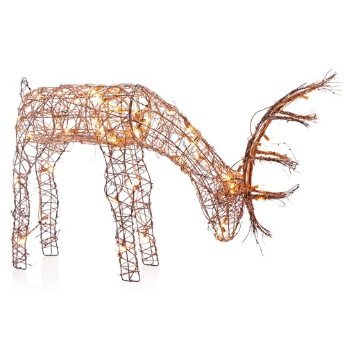 Alpine Corporation 24"H Outdoor Rattan Grazing Reindeer Lawn Decoration with White Lights , Christmas Decoration Alpine Corporation