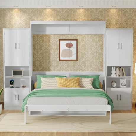 PVWIIK Queen Size Murphy Bed with Storage Drawers & Desk,Wall Bed Frame Folding into Cabinet Design w/Charging Station & Storage Shelf for Small Space,Bedroom,Guest Room,White PVWIIK