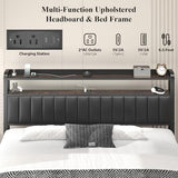 King Size Bed Frame with Star Projector & Charging Station, PU Leather Upholstered Platform with 2-Tier Storage Headboard & Storage Ottoman, Metal Support, Noise-Free, No Box Spring Needed, Black E-Motie