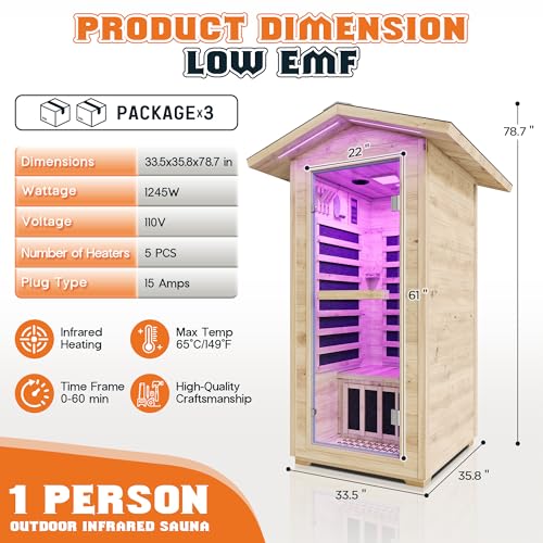 Albott Outdoor Sauna 1 Person, Infrared Saunas for Home, Low EMF 110V Spruce Wood Dry Sauna with Tourmaline Stone Foot Warmer, 7-Color Light Therapy & 2 Bluetooth Speakers, 33.5"x35.4"x78.7" Albott