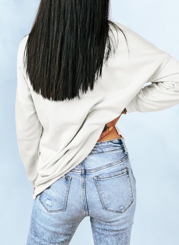 Dokotoo Women's Long Sleeve Crewneck Sweatshirt with Side Split - Loose Fit Solid Pullover Tunic in White Large Dokotoo