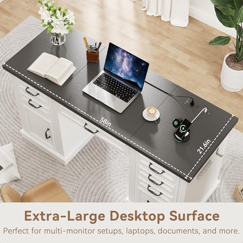 Jocoevol Farmhouse 57" Lift Up Executive Desk with 5 Drawers and Charging Station, Wood Home Office Computer Desk with File Cabinet Storage, Keyboard Tray,Headphone Hook for Work,Study (White+Black) Jocoevol