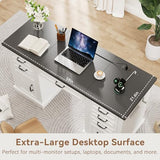 Jocoevol Farmhouse 57" Lift Up Executive Desk with 5 Drawers and Charging Station, Wood Home Office Computer Desk with File Cabinet Storage, Keyboard Tray,Headphone Hook for Work,Study (White+Black) Jocoevol