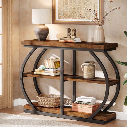 Tribesigns 41.3" Console Table, Industrial 3-Tier Entryway Table with Arched Metal Frame and Storage Shelves for Living Room, Hallway, Rustic Brown Tribesigns