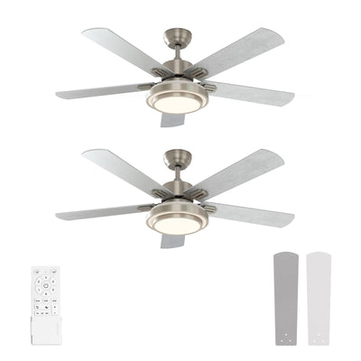 warmiplanet Ceiling Fans with Lights and Remote Control, 52 Inch, 6 Speeds Reversible DC Motor, 3 Color Dimmable Light, Timer, Noiseless, Brushed Nickel, 5 Blades, 2 Pack