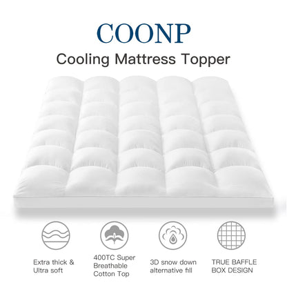 King Mattress Topper, Extra Thick Pillowtop, Cooling Plush Mattress Pad Cover 400TC Cotton Top Protector with 8-21 Inch Deep Pocket 3D Snow Down Alternative Fill