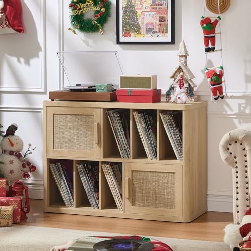 LEYAOYAO Large Record Player Stand with Vinyl Storage Up to 450 Albums, Wood Rattan Boho Record Storage Accent Cabinet, Modern Stereo Media Cabinets, Wide Turntable Stand for Living Room, Natural Oak LEYAOYAO