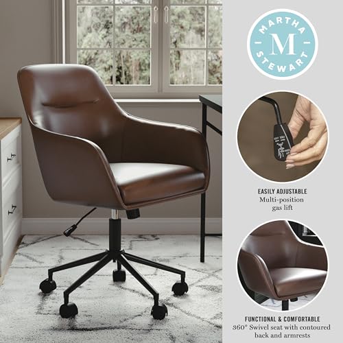 Martha Stewart Rayna Swivel Task Chair with Flared Arms for Home Office in Saddle Brown Faux Leather with Oil Rubbed Bronze Frame Martha Stewart