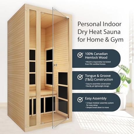 JNH Lifestyles Joyous 1- to 2-Person Low EMF Far Infrared Sauna with Color Light Therapy | Personal Indoor Dry Heat Sauna for Home & Gym – Made from Canadian Hemlock JNH Lifestyles