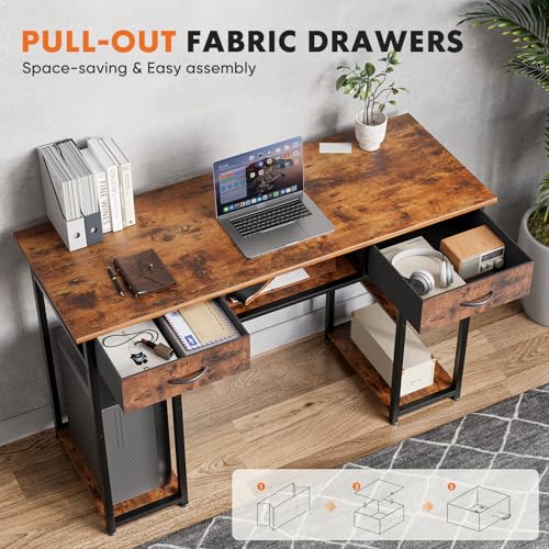 Sweetcrispy Computer Desk 48 Inch Home Office Bedroom Writing Study PC Table with Fabric Drawers Storage Shelves Space Side Bag Headphone Hook Metal Frame Adjustable Feet Modern Simple Style Sweetcrispy